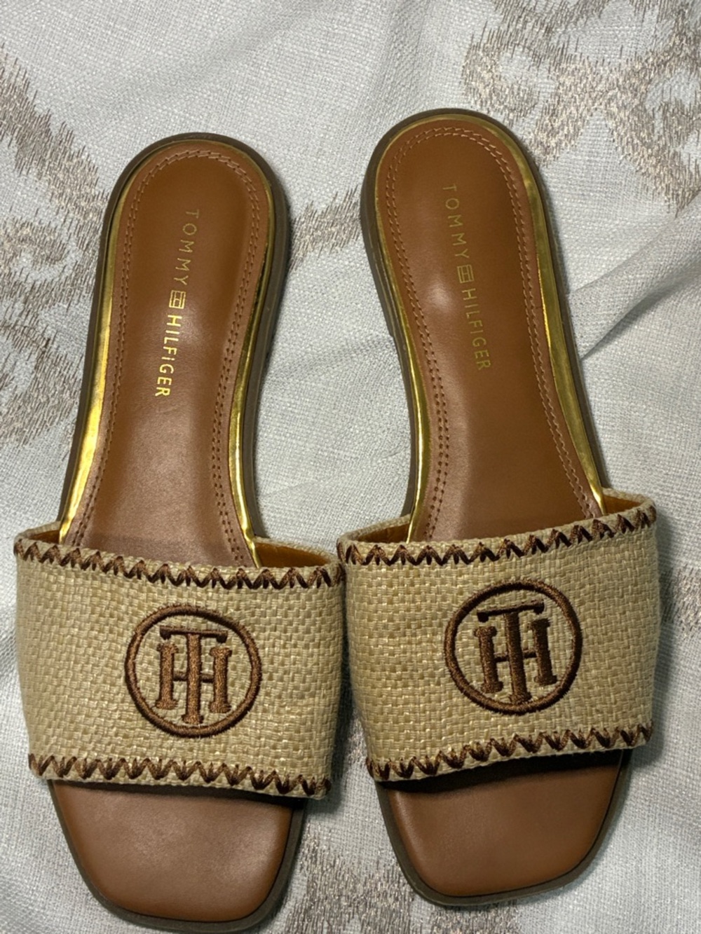 Tommy Hilfiger Tan Raffia Slip-On Sandals with Embroidered Logo